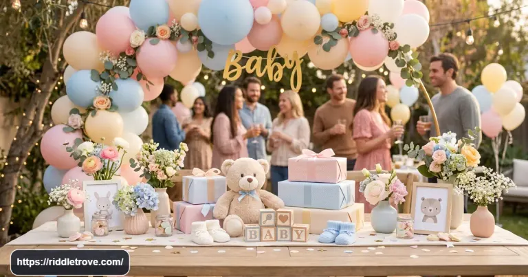 Pastel baby shower decorations with balloons, gifts, baby shoes, and a teddy bear