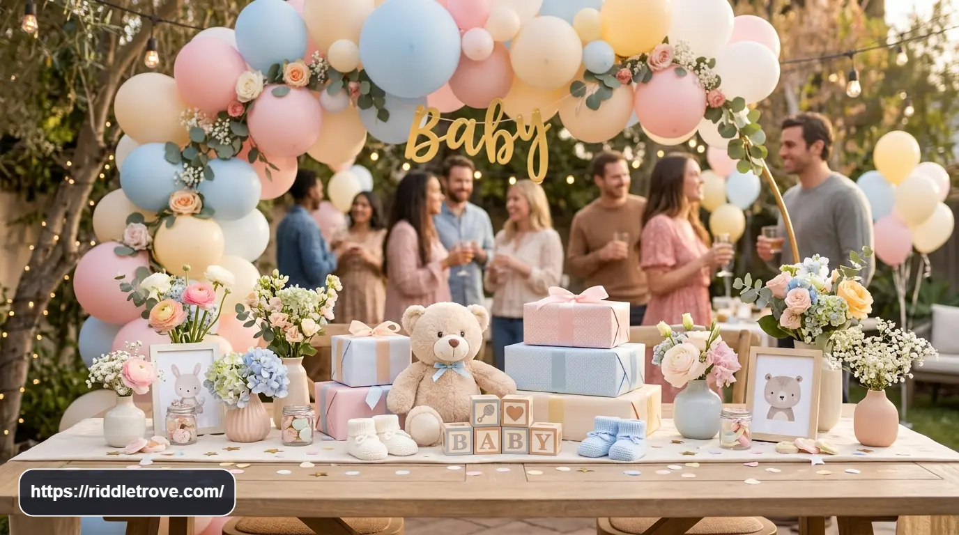 Pastel baby shower decorations with balloons, gifts, baby shoes, and a teddy bear