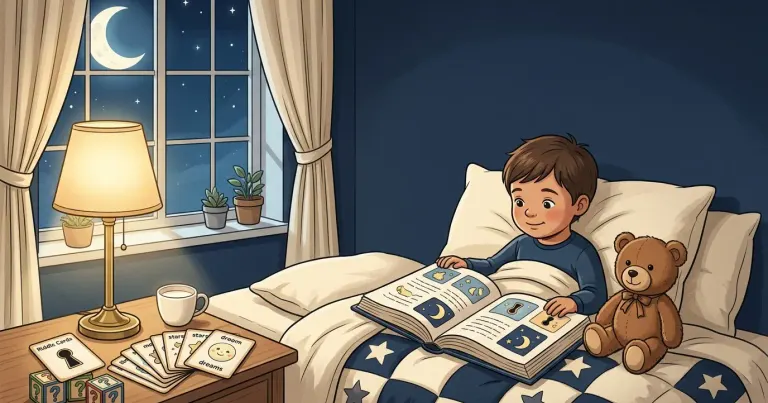 Cozy children's bedroom with a storybook, teddy bear, bedside lamp, and moonlit window.