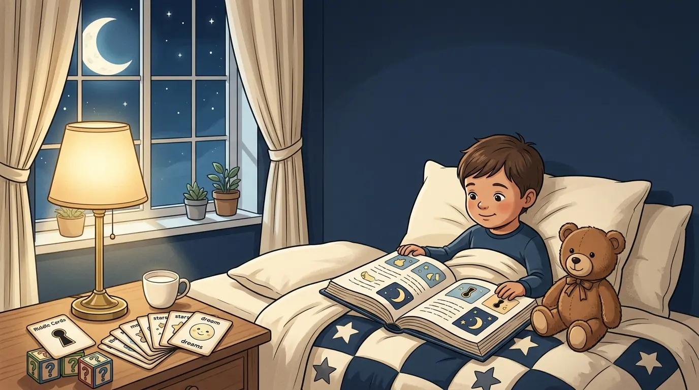 Cozy children's bedroom with a storybook, teddy bear, bedside lamp, and moonlit window.