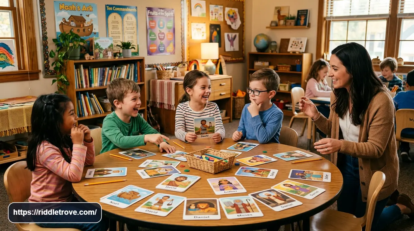 Kids guessing Bible characters from clues during Sunday school