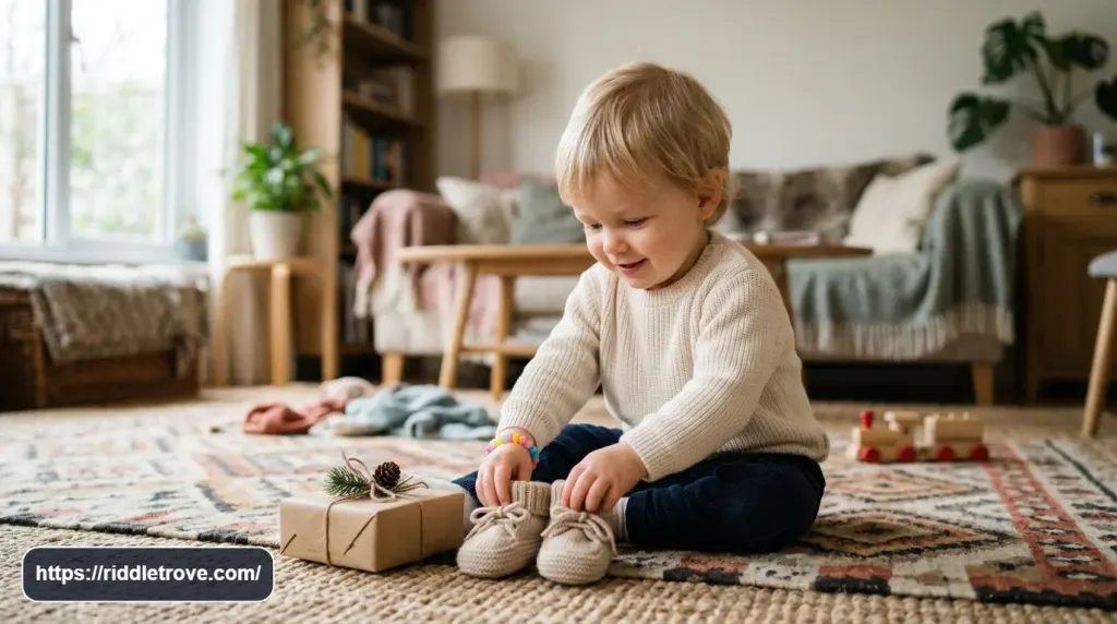 Child discovering tiny baby shoes beside a colorful sibling announcement card.