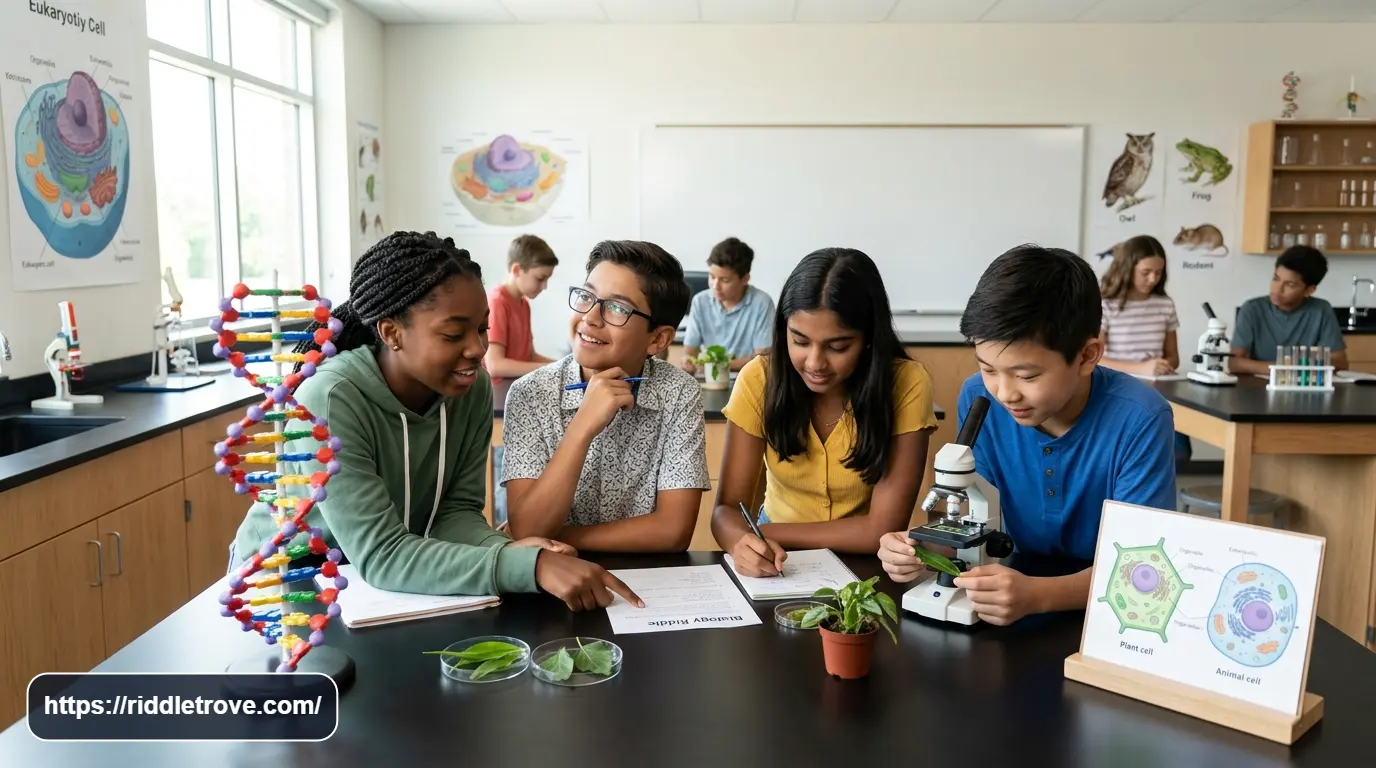 Students solving biology riddles with answers beside colorful science diagrams