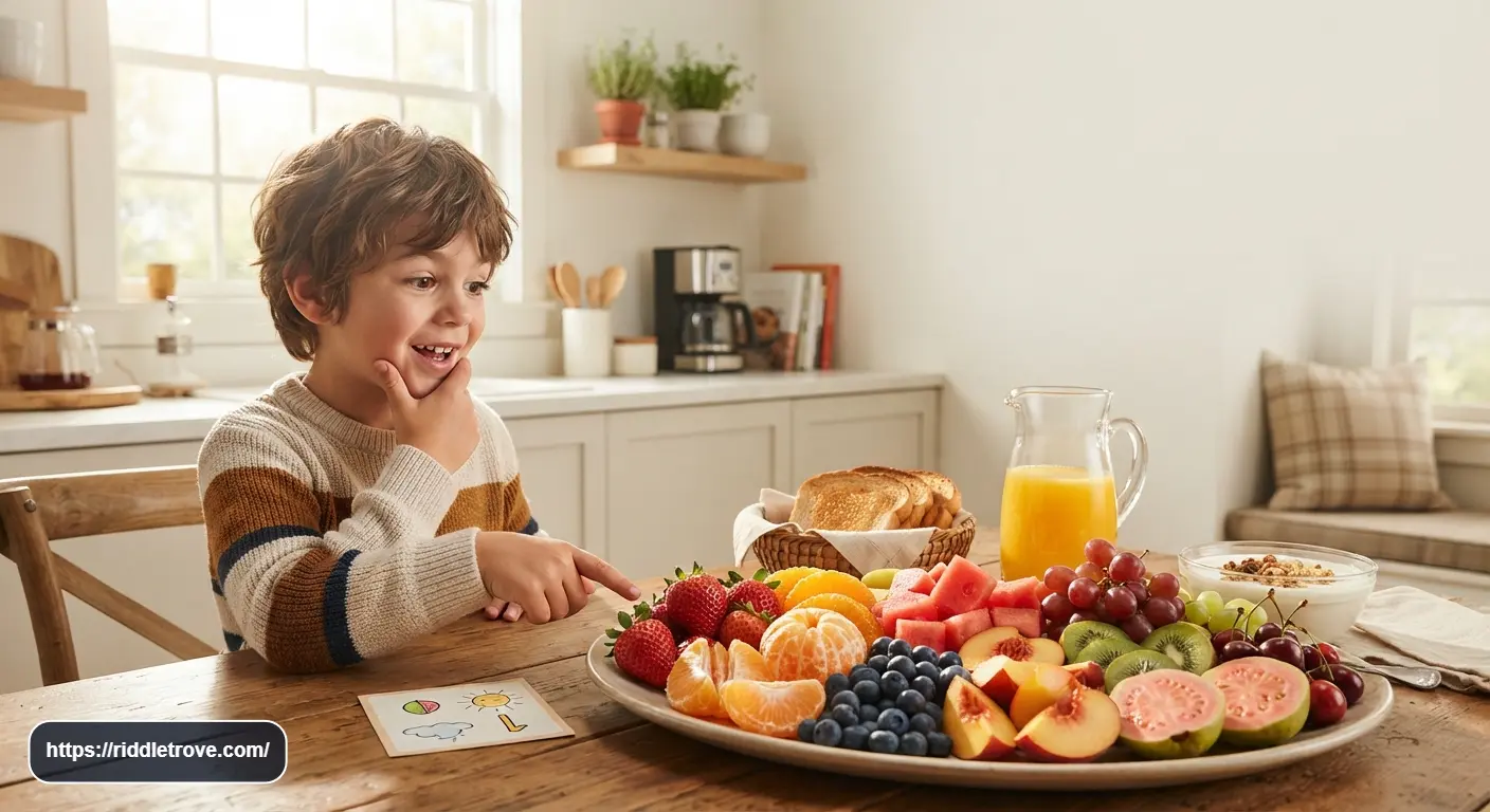 Colorful breakfast fruits displayed for a fun family riddle game

