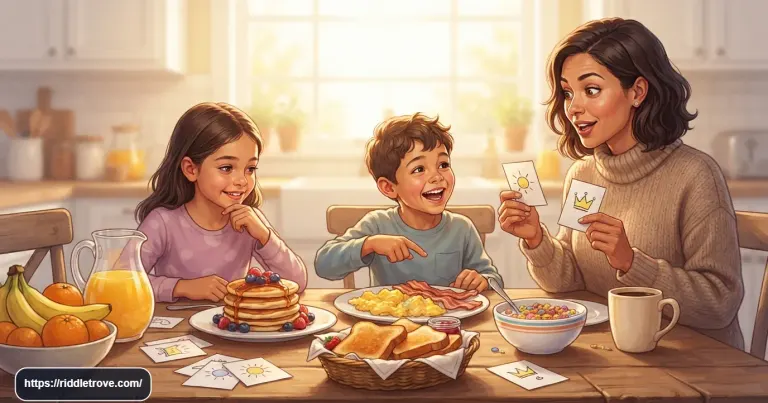 Kids solving breakfast riddles around a cheerful morning table