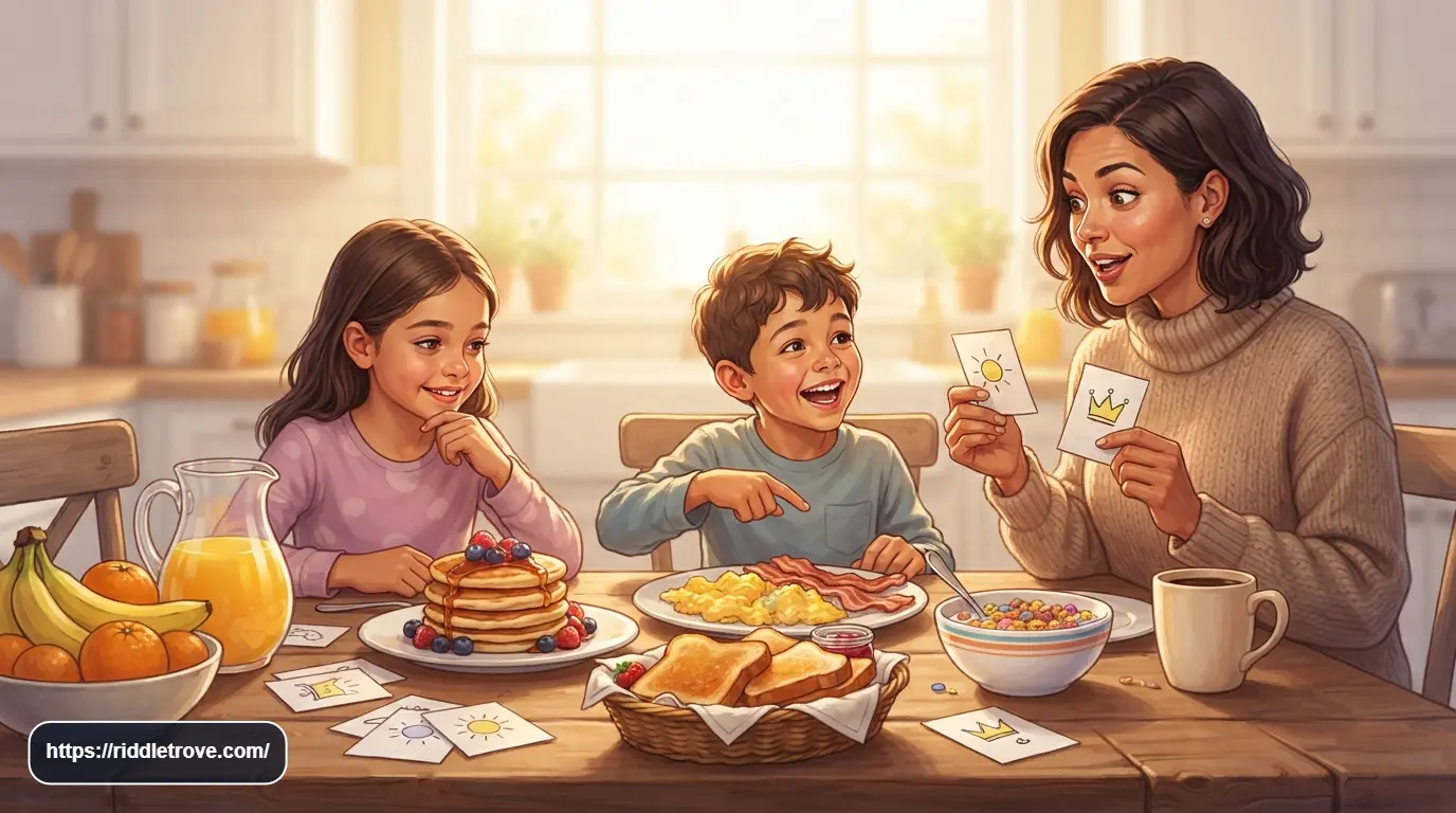 Kids solving breakfast riddles around a cheerful morning table