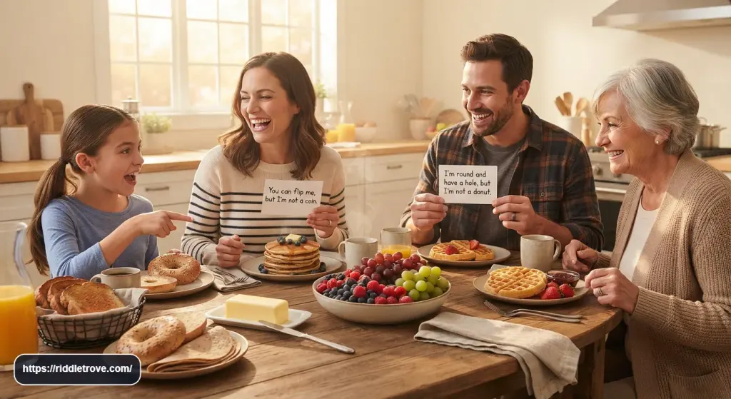 Family enjoying clever breakfast wordplay riddles around the table

