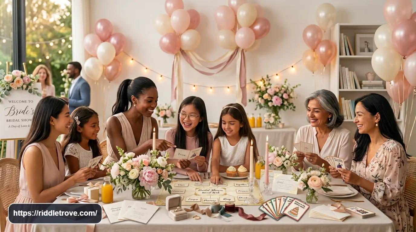 Elegant bridal shower decorations with balloons, flowers, ribbons, and table centerpieces