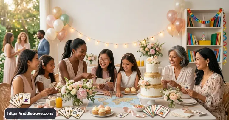 Guests solving bridal shower riddles around a decorated wedding party table