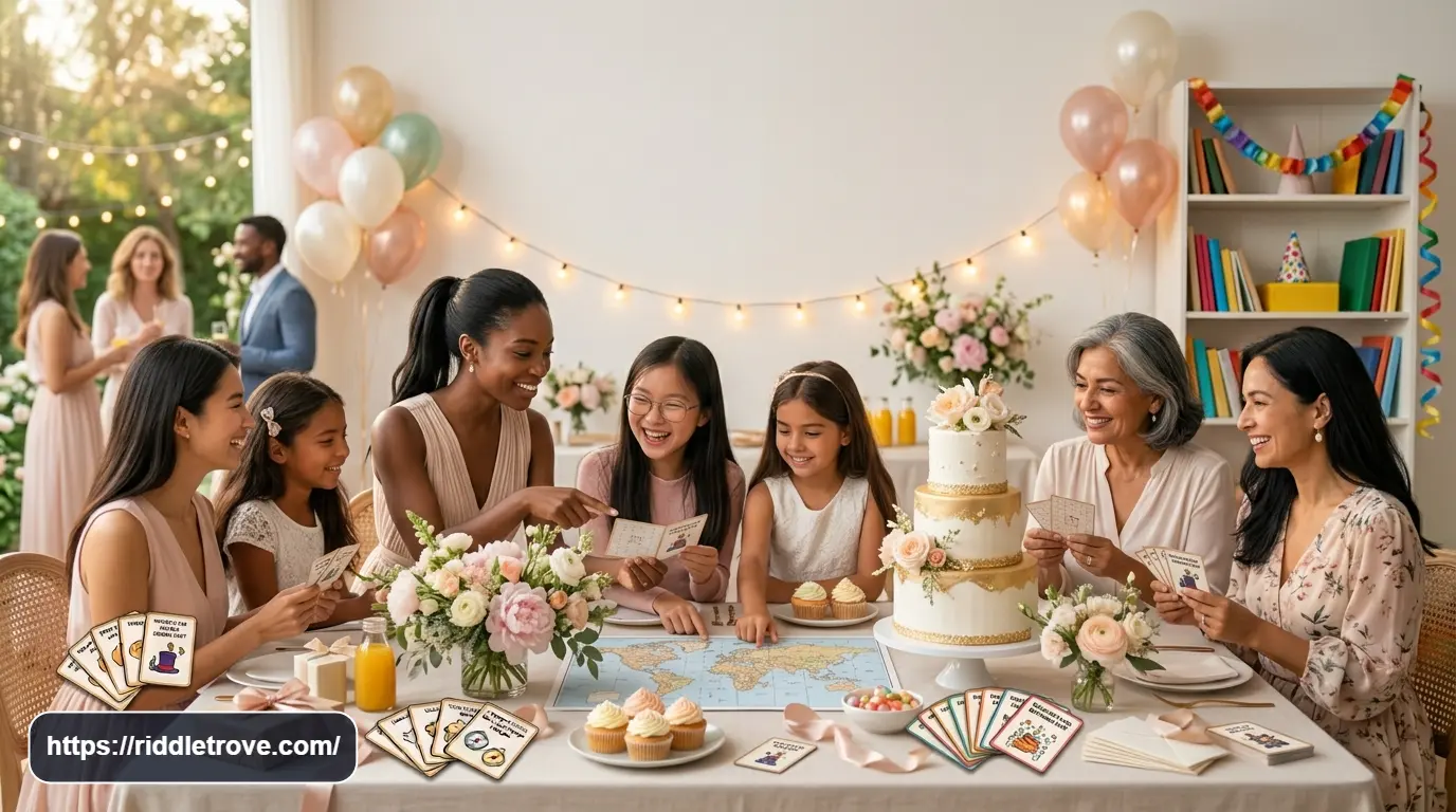 Guests solving bridal shower riddles around a decorated wedding party table