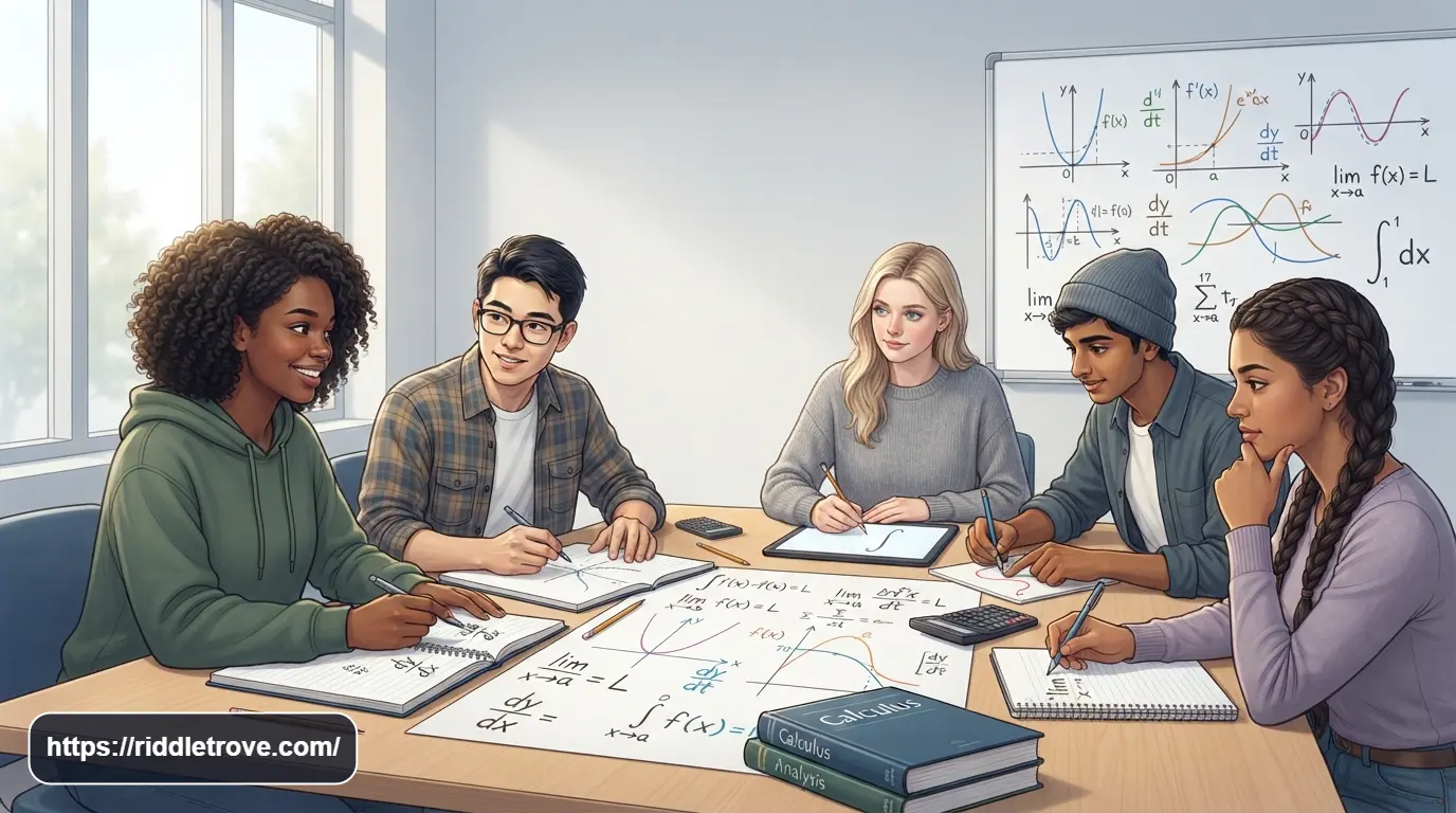 Students solving calculus riddles with graphs and mathematical symbols