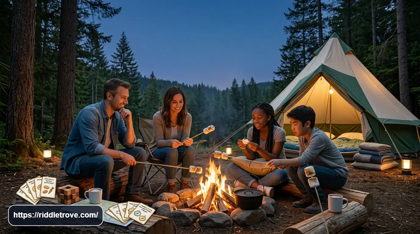 Campers roasting marshmallows over a safe campfire beneath the evening sky.