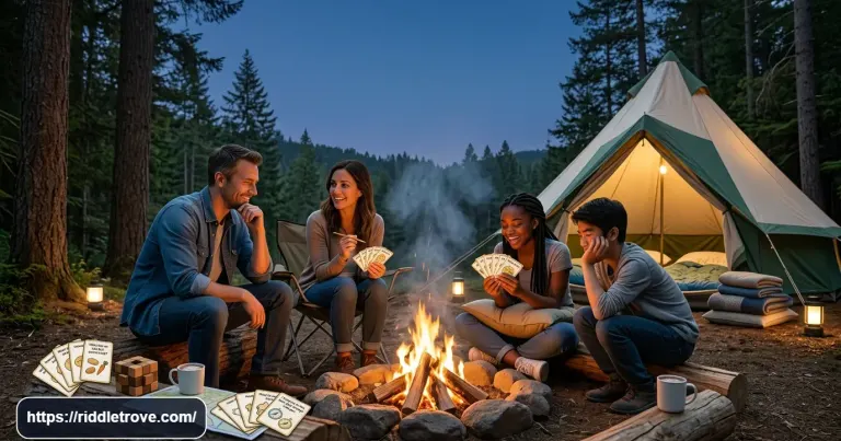 Family solving camping riddles beside a glowing campfire at a forest campsite.