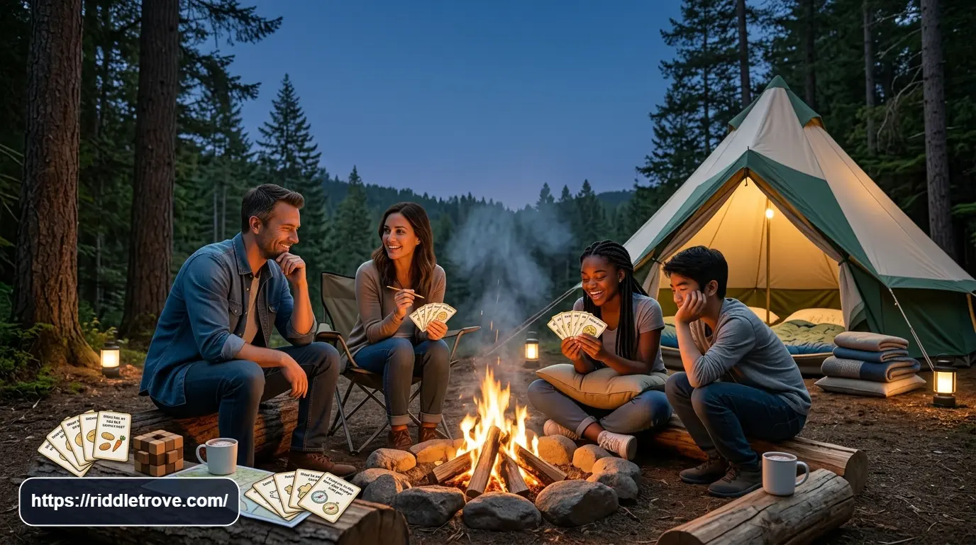 Family solving camping riddles beside a glowing campfire at a forest campsite.