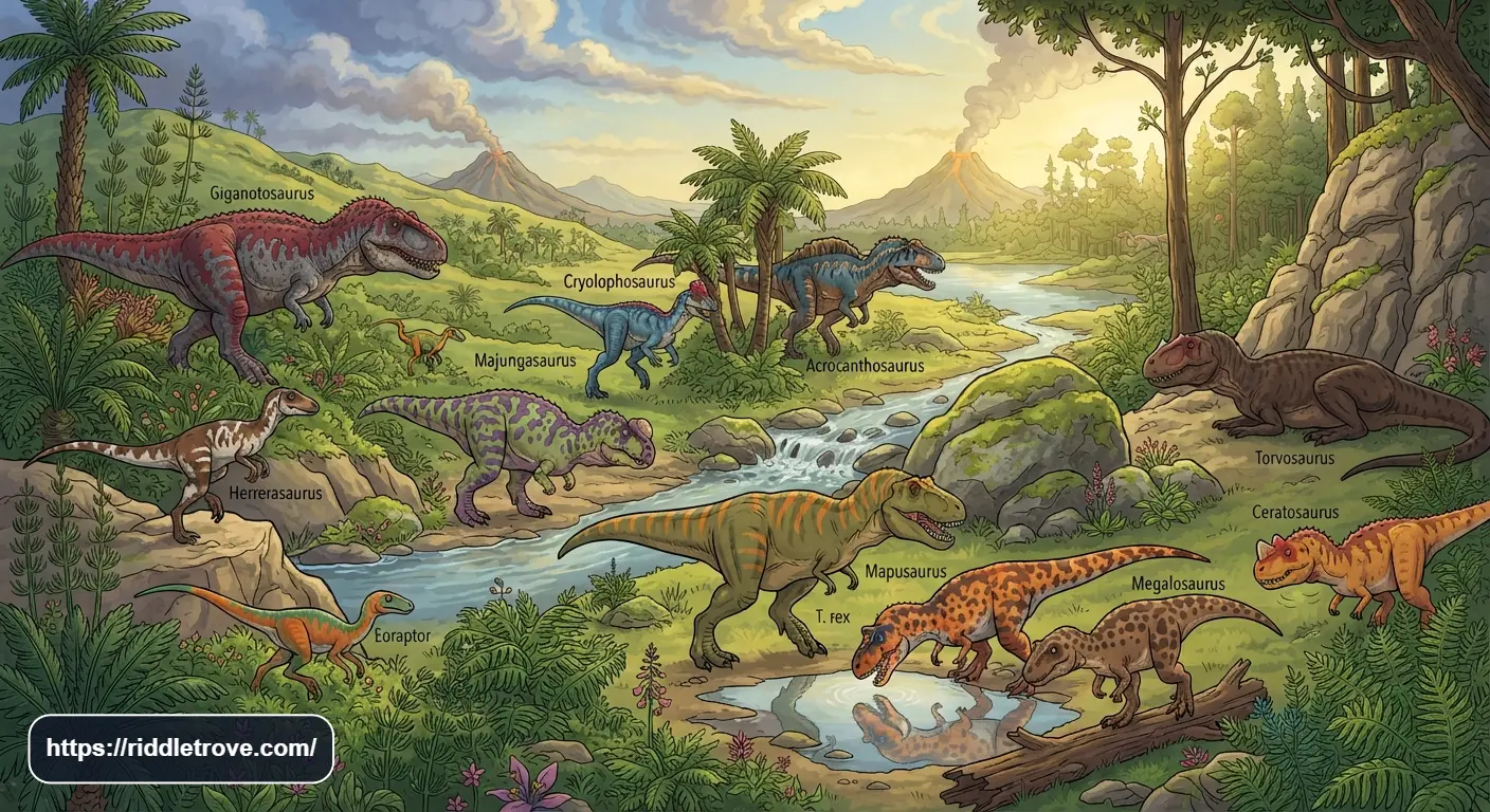 Carnivore dinosaur riddles featuring fierce prehistoric meat-eating dinosaurs