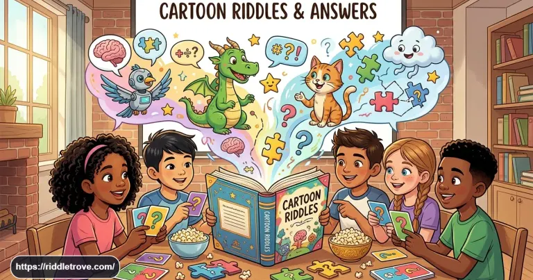 Colorful cartoon characters gathered around a fun riddle challenge