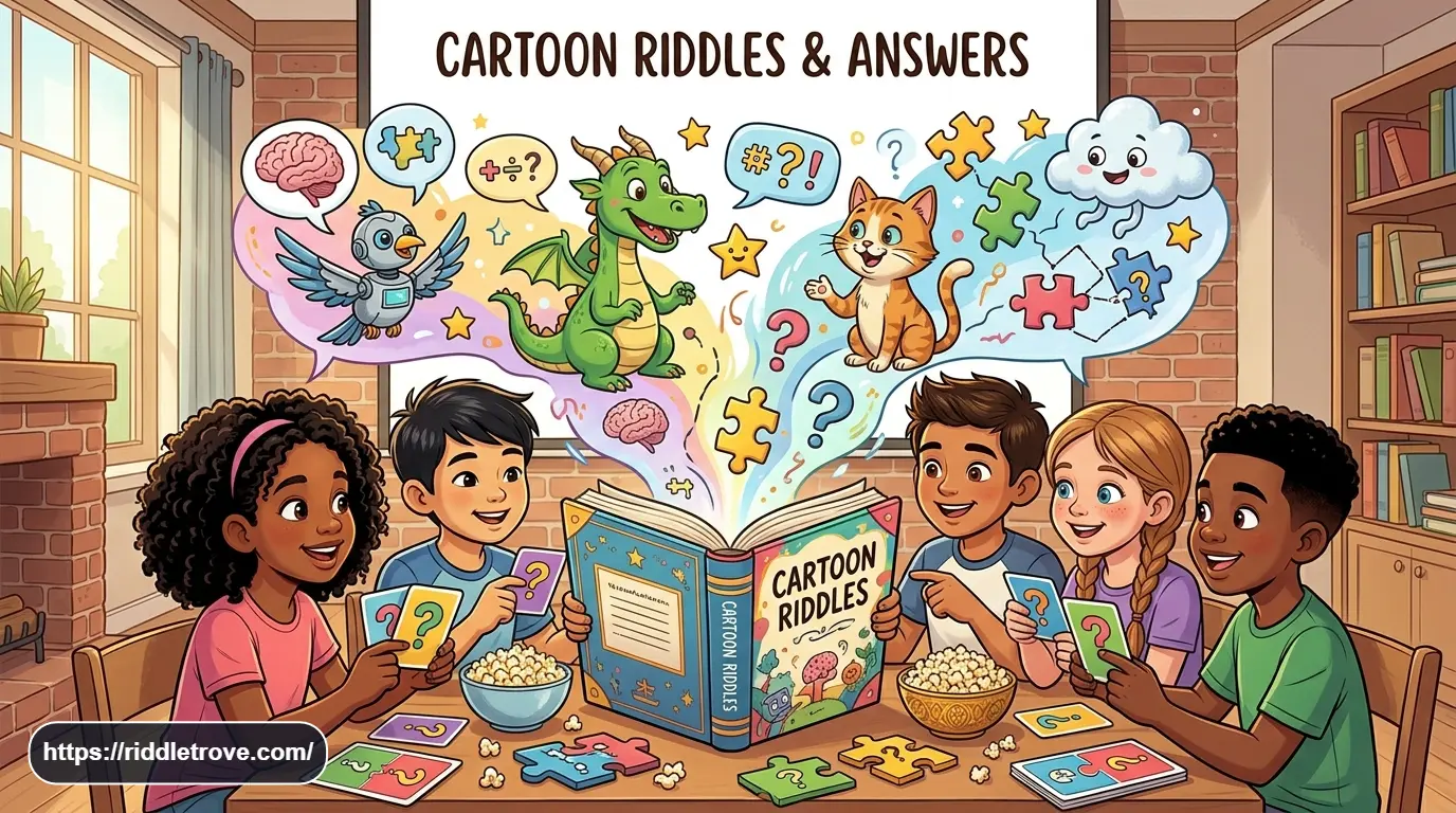Colorful cartoon characters gathered around a fun riddle challenge