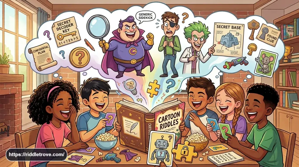 Kids guessing playful cartoon villains and sidekick characters from clues