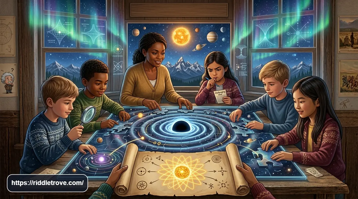 Curious readers solving challenging and funny astronomy riddles in space

