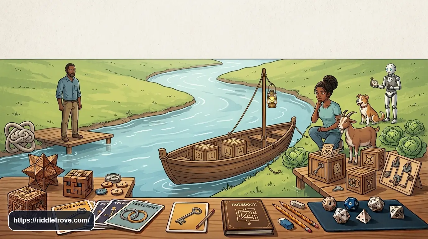 Classic river crossing riddles with a farmer, wolf, goat, cabbage, and boat