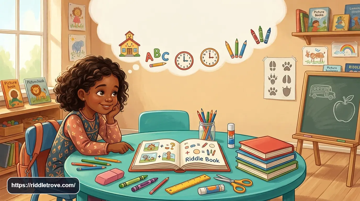 First-grade child solving school-themed riddles with crayons, scissors, rulers, and books.