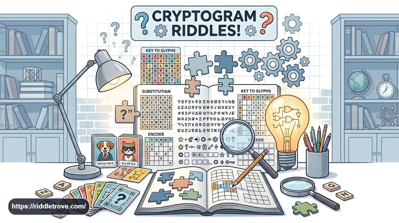 Clever and challenging cryptogram riddles with coded letters, cipher symbols, and a magnifying glass.