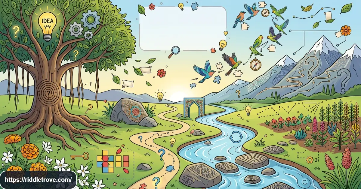 Clever nature riddles featuring plants, animals, clouds, mountains, and streams