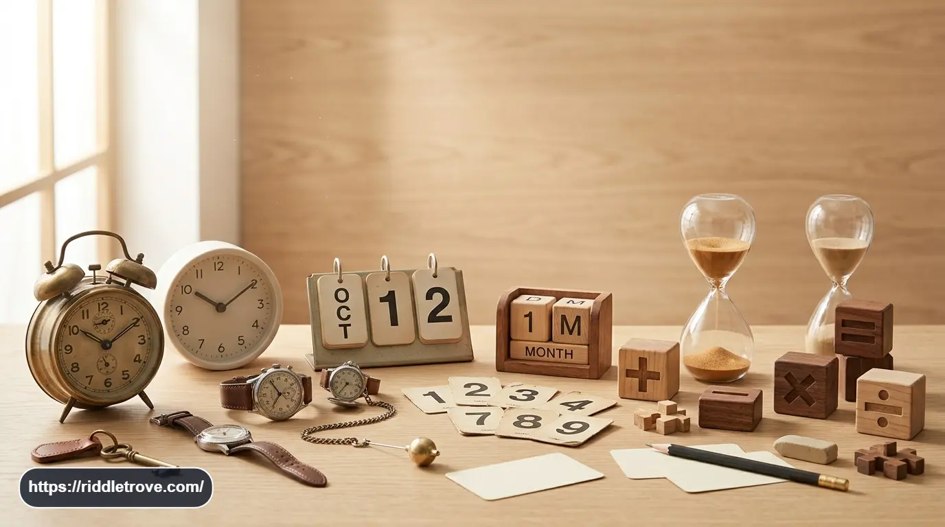 Clocks calendars and numbers arranged for clever time and number puzzles