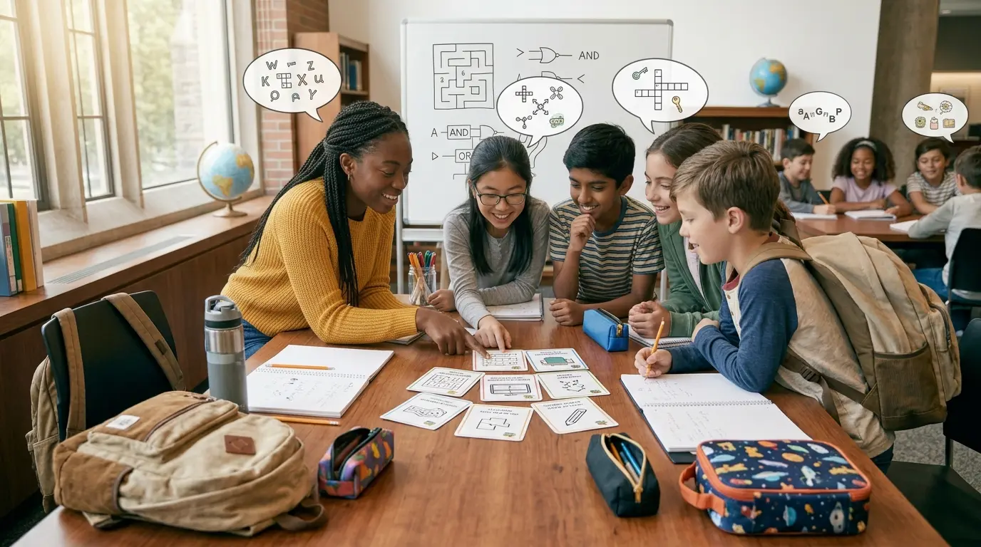 Students solving clever wordplay morning riddles in a bright classroom