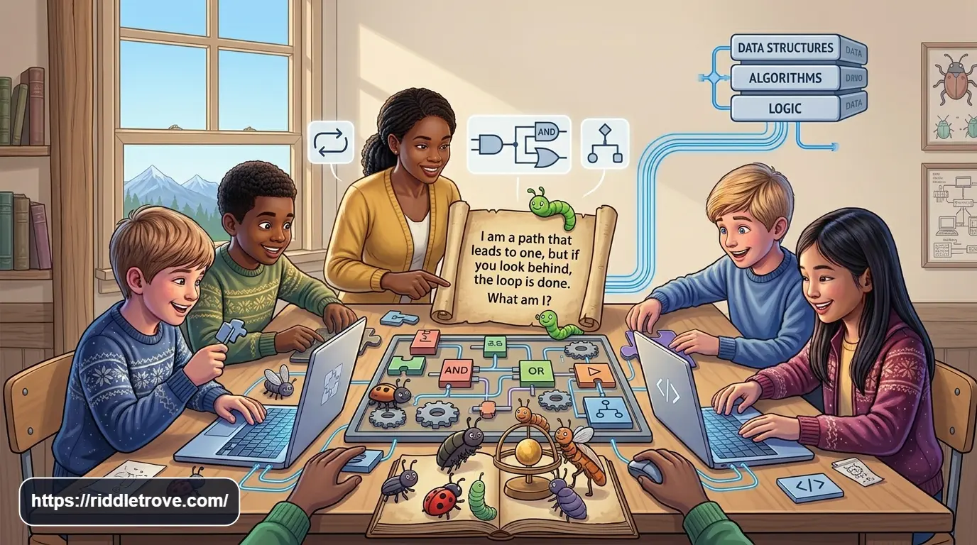 Kids solving colorful coding riddles on computers in a bright classroom