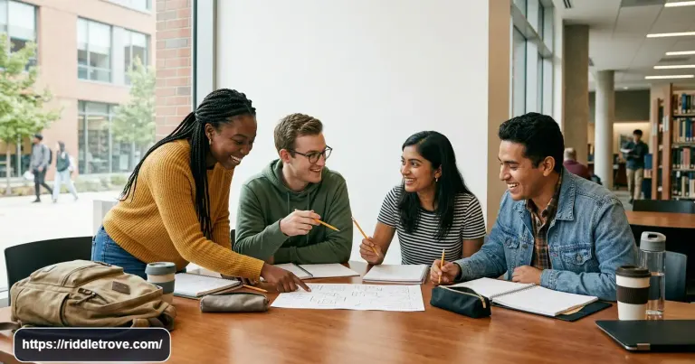 College students solving riddles together at a campus study table