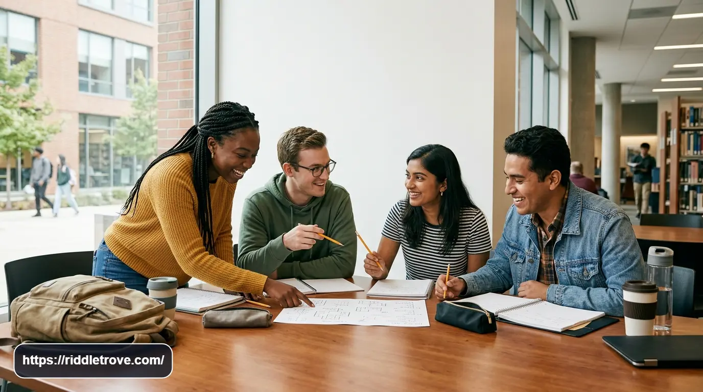 College students solving riddles together at a campus study table