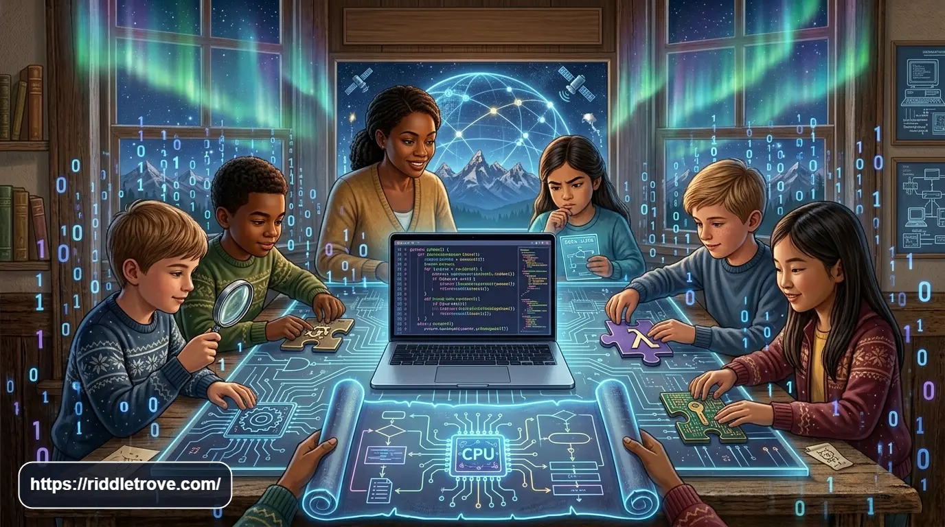 Computer science riddles featuring a laptop, colorful code, binary digits, and circuit patterns.