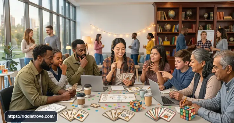 Coworkers solving short riddles together during a fun office team challenge