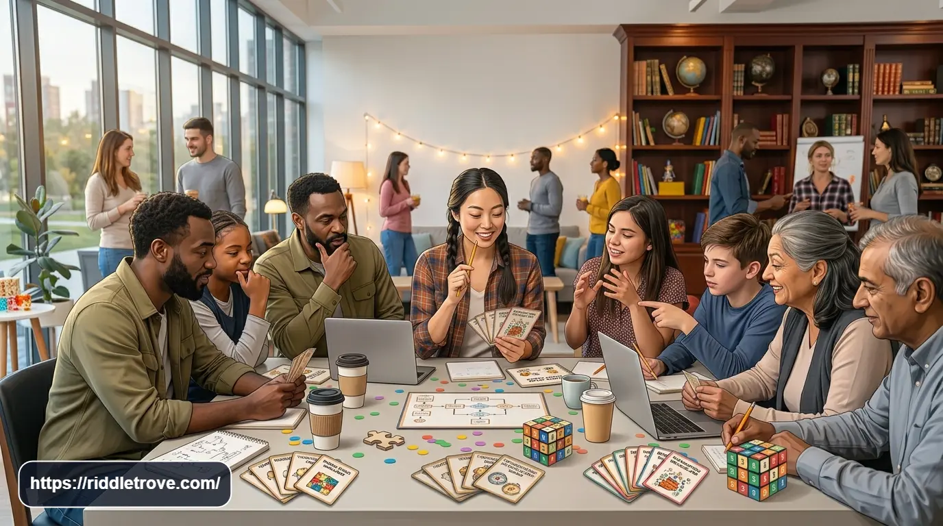 Coworkers solving short riddles together during a fun office team challenge