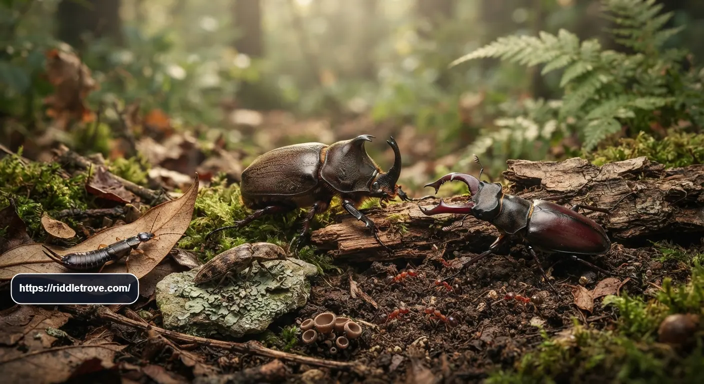 Creepy crawling insects including beetles and ants on a forest floor