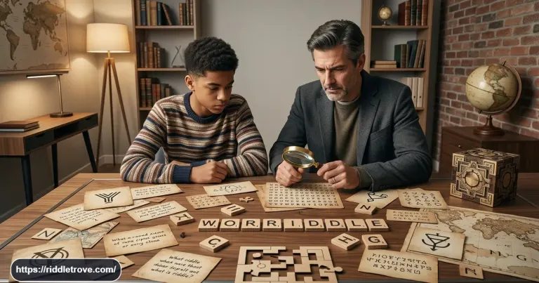 Person solving cryptic riddles with puzzle clues and hidden letters