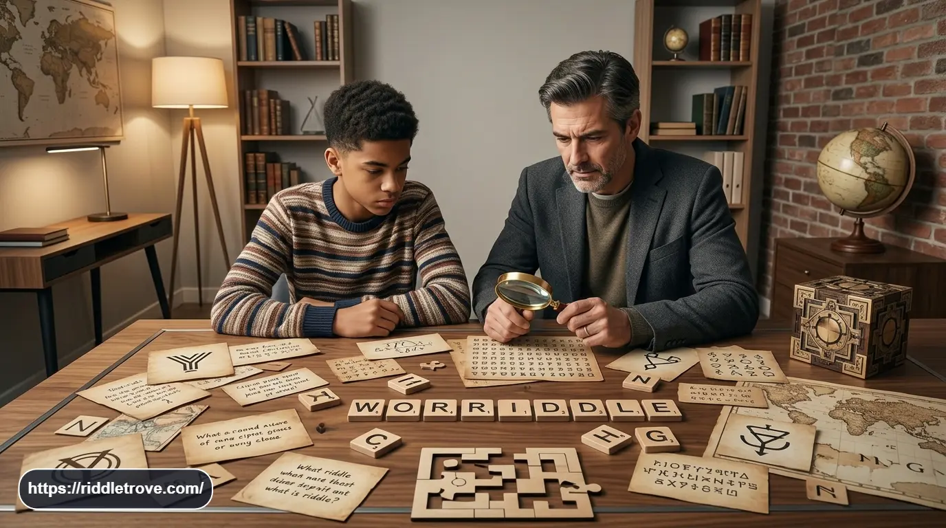 Person solving cryptic riddles with puzzle clues and hidden letters