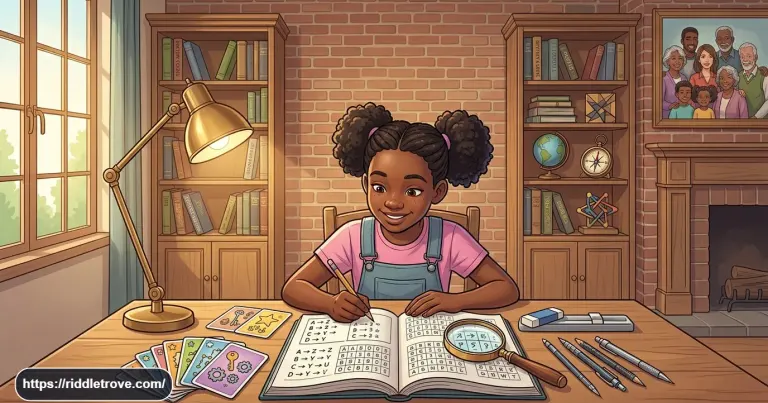 Child solving cryptogram riddles with coded letters and puzzle clues