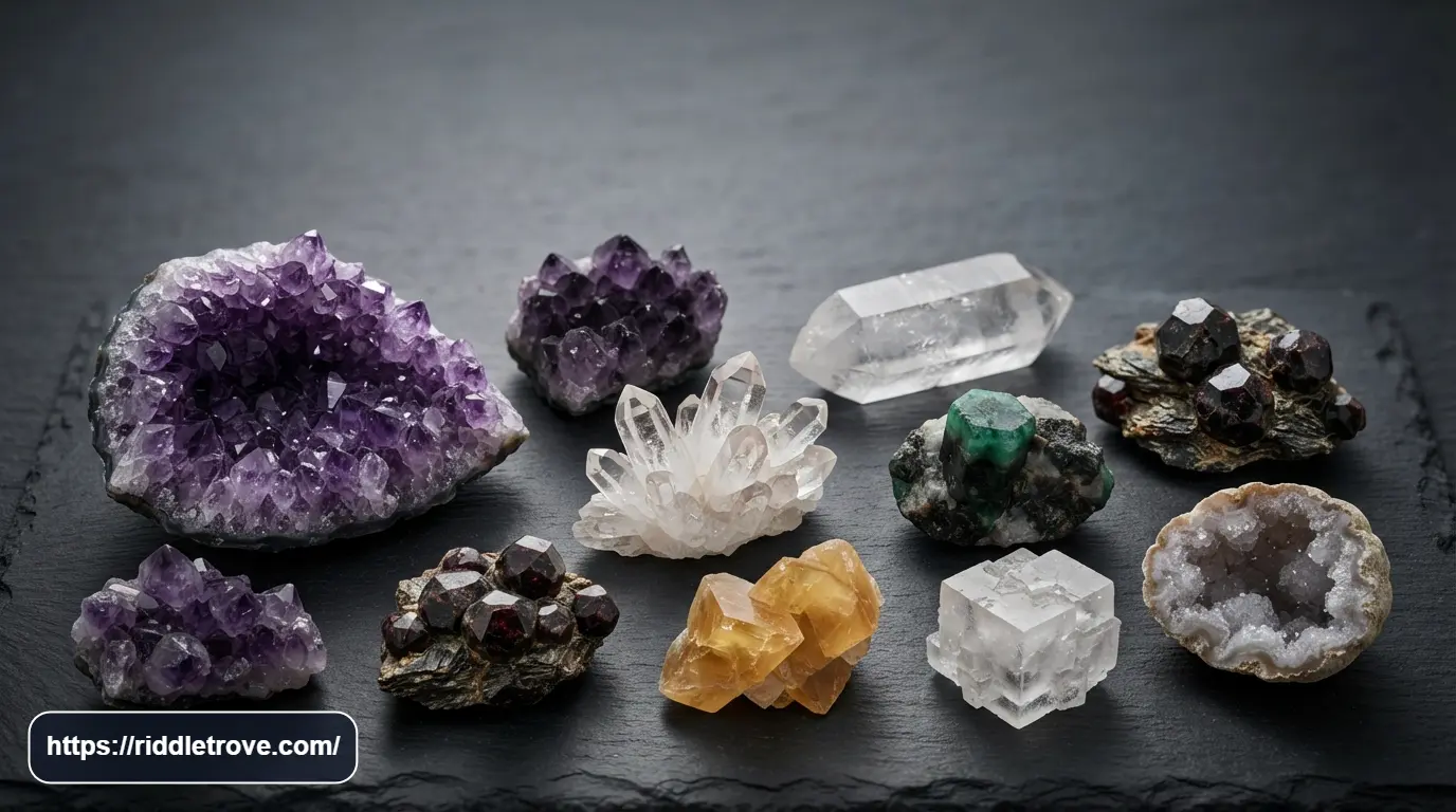 Colorful crystals and gemstones displayed for geology riddle clues