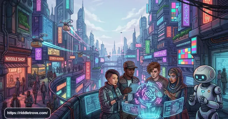 Neon cyberpunk city with robots and futuristic riddle clues