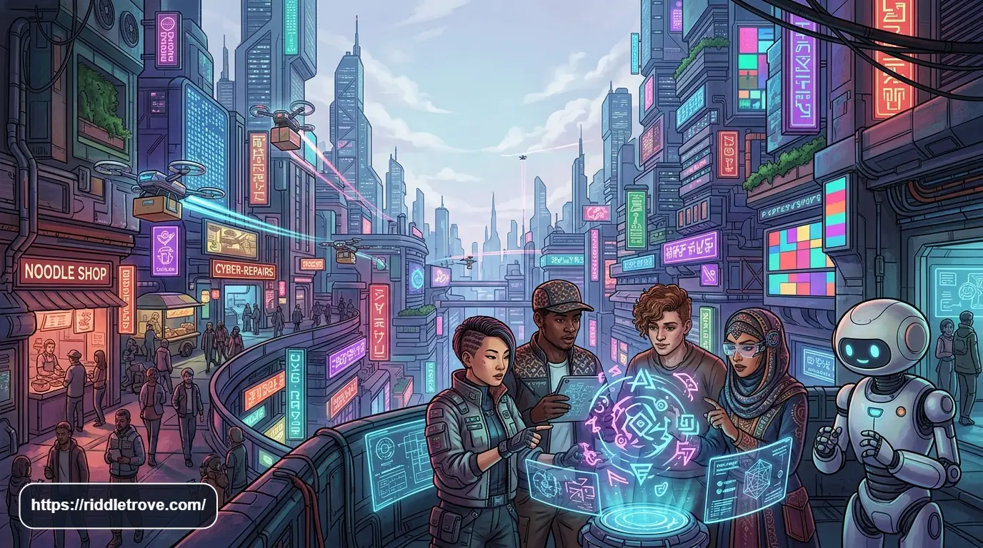 Neon cyberpunk city with robots and futuristic riddle clues