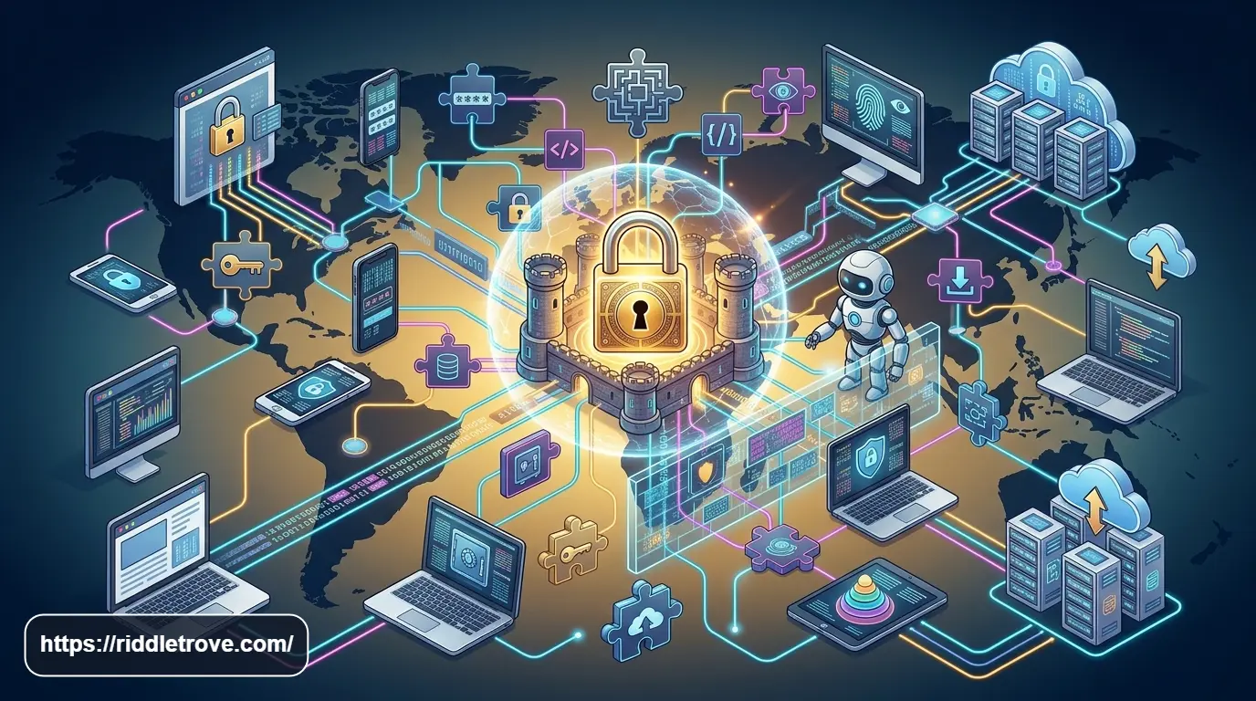Cybersecurity riddles featuring passwords, encryption, firewalls, and digital safety