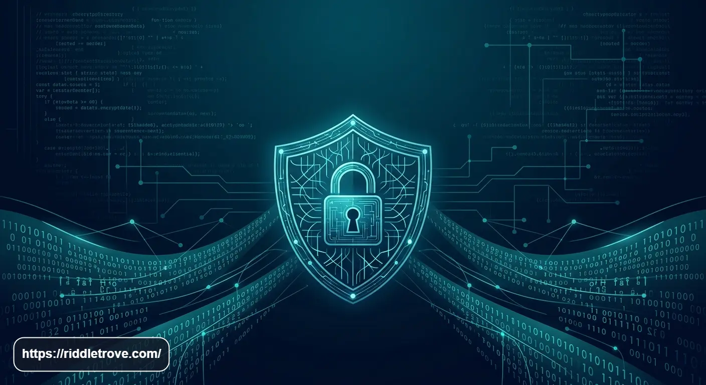 Digital shield and padlock protecting data streams in a cybersecurity-themed illustration.