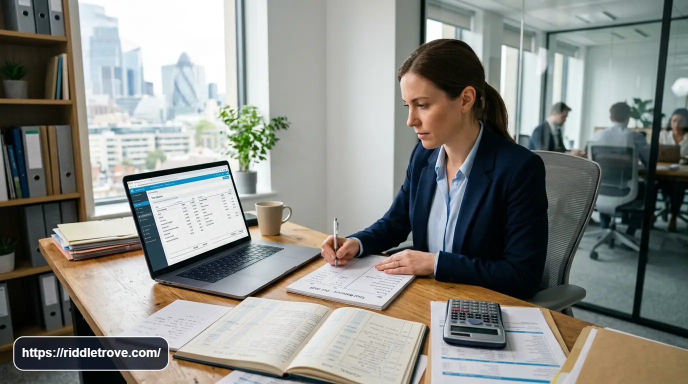 Accountant studying debit and credit entries on a financial spreadsheet

