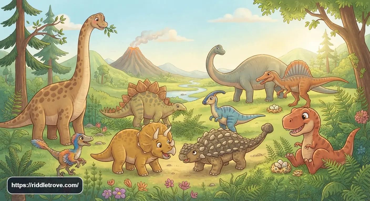 Dinosaur riddles for kids with friendly dinosaurs in a prehistoric landscape