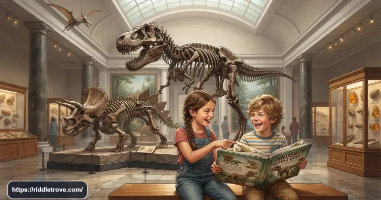 Kids solving dinosaur riddles beside colorful prehistoric dinosaur displays