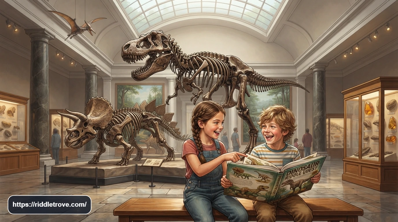 Kids solving dinosaur riddles beside colorful prehistoric dinosaur displays