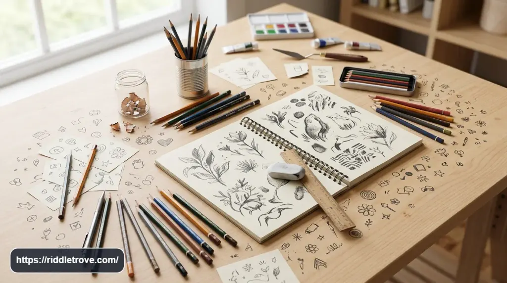 Drawing riddles with pencils, sketches, and an open sketchbook