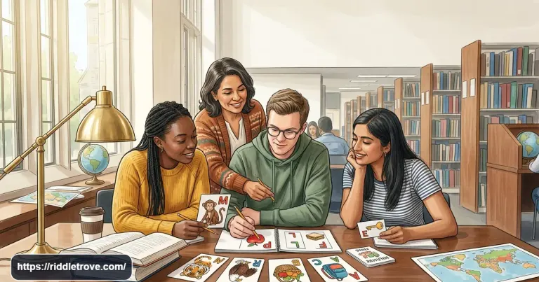 English learners solving riddles together with illustrated vocabulary cards in a bright classroom